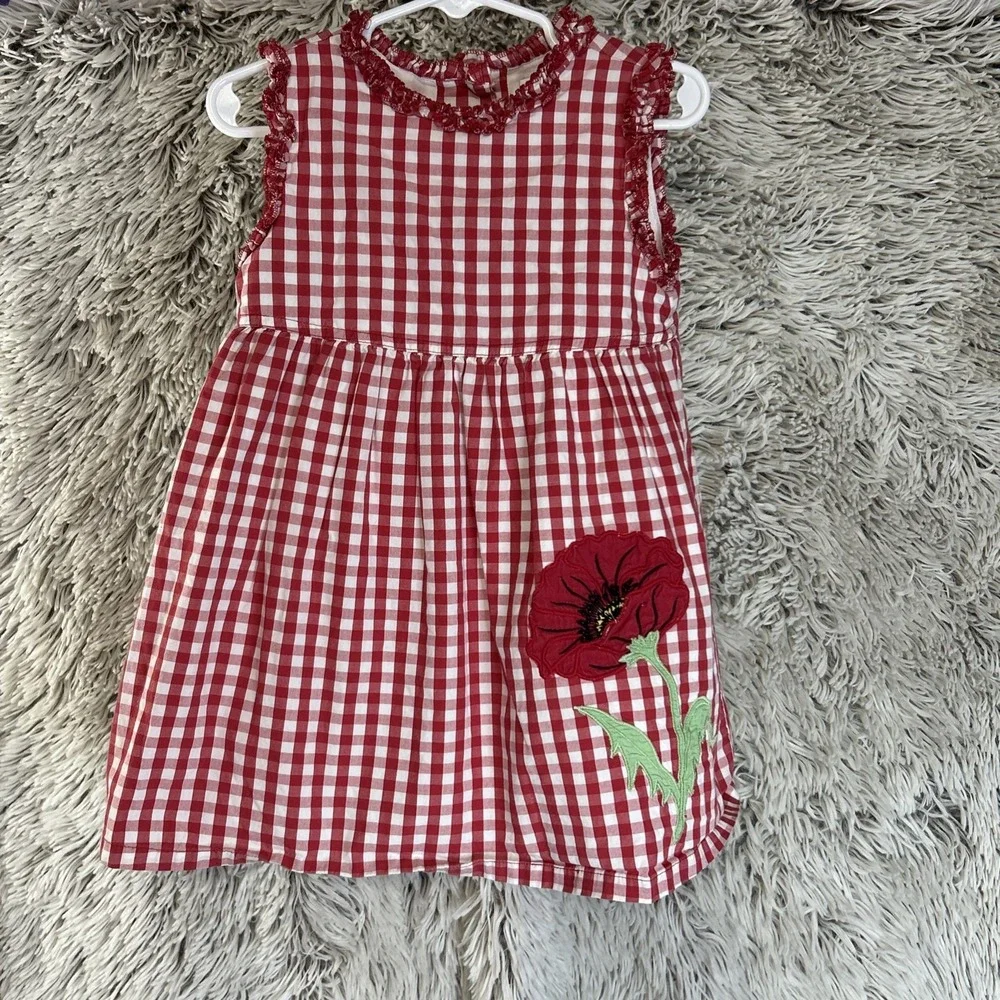 Copper Key Vtg Dress Poppy Seed Flower Embroidery Beads Red White Checker Sz 3T